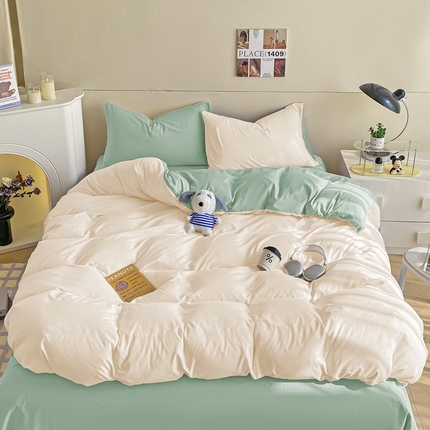 91家纺网 家纺一手货源 找家纺 沃朴家居 2024新款亲肤双拼水洗棉四件套学生三件套 清风吟竹