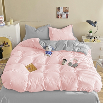 91家纺网 家纺一手货源 找家纺 沃朴家居 2024新款亲肤双拼水洗棉四件套学生三件套 雾霾粉