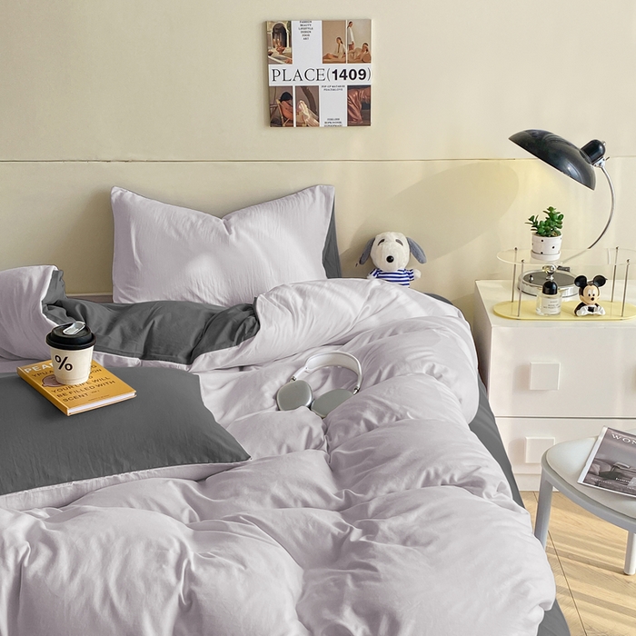 91家纺网 家纺一手货源 找家纺 沃朴家居 2024新款亲肤双拼水洗棉四件套学生三件套 郁汀紫