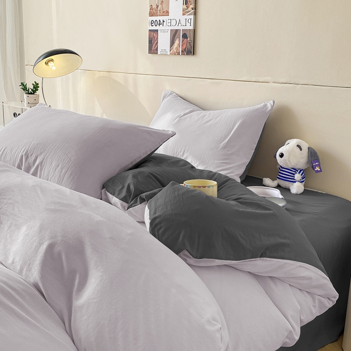 91家纺网 家纺一手货源 找家纺 沃朴家居 2024新款亲肤双拼水洗棉四件套学生三件套 郁汀紫