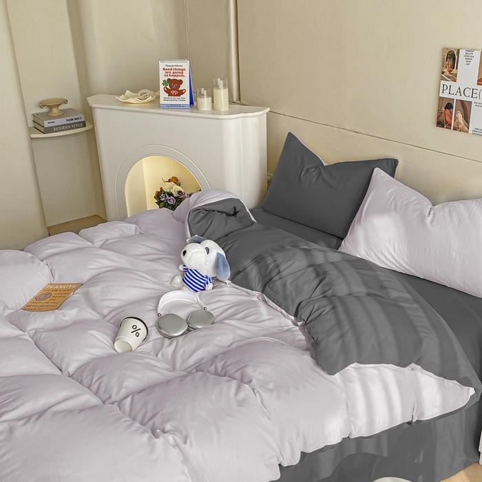 91家纺网 家纺一手货源 找家纺 沃朴家居 2024新款亲肤双拼水洗棉四件套学生三件套 郁汀紫