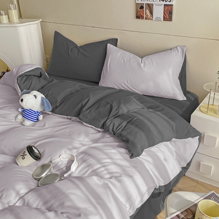 91家纺网 家纺一手货源 找家纺 沃朴家居 2024新款亲肤双拼水洗棉四件套学生三件套 郁汀紫