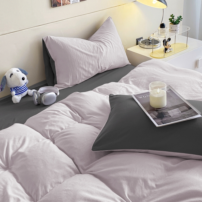 91家纺网 家纺一手货源 找家纺 沃朴家居 2024新款亲肤双拼水洗棉四件套学生三件套 郁汀紫