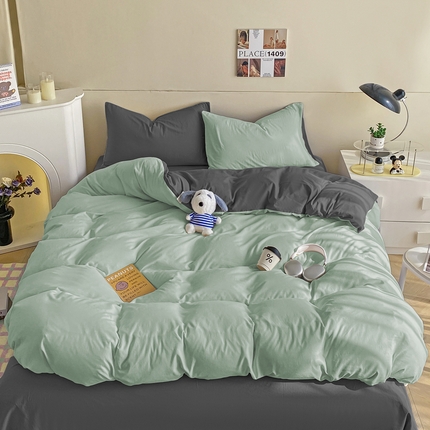 91家纺网 家纺一手货源 找家纺 沃朴家居 2024新款亲肤双拼水洗棉四件套学生三件套 豆绿灰