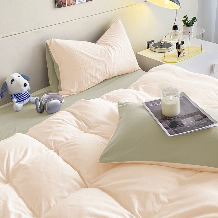 91家纺网 家纺一手货源 找家纺 沃朴家居 2024新款亲肤双拼水洗棉四件套学生三件套 抹茶芝士