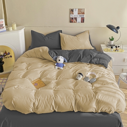 91家纺网 家纺一手货源 找家纺 沃朴家居 2024新款亲肤双拼水洗棉四件套学生三件套 米驼摩卡