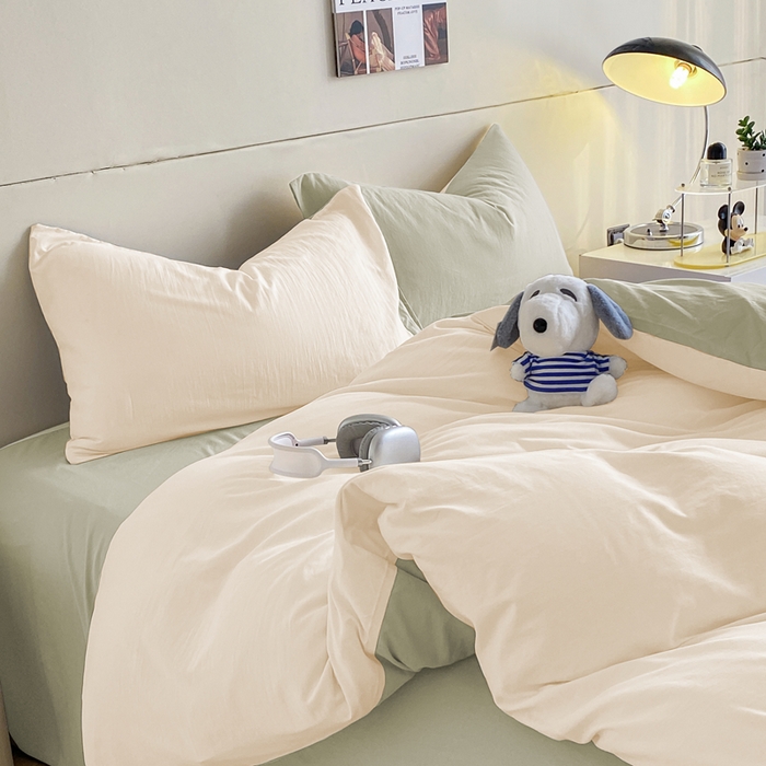 91家纺网 家纺一手货源 找家纺 沃朴家居 2024新款亲肤双拼水洗棉四件套学生三件套 抹茶芝士