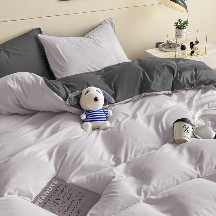 91家纺网 家纺一手货源 找家纺 沃朴家居 2024新款亲肤双拼水洗棉四件套学生三件套 郁汀紫