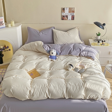 沃朴家居 2024新款亲肤双拼水洗棉四件套学生三件套 白钰映砂