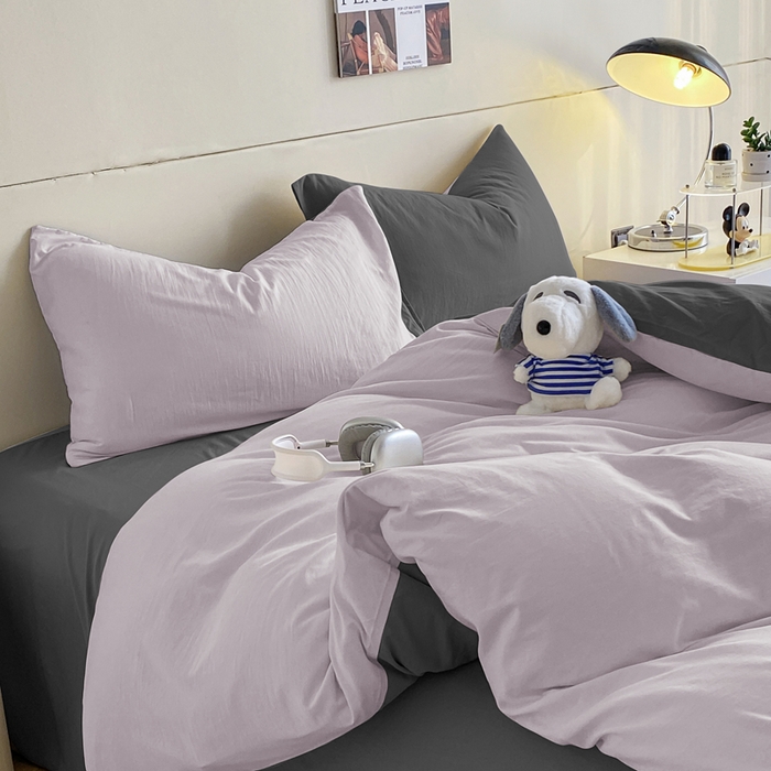 91家纺网 家纺一手货源 找家纺 沃朴家居 2024新款亲肤双拼水洗棉四件套学生三件套 郁汀紫