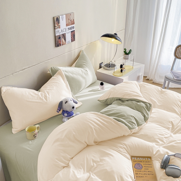 91家纺网 家纺一手货源 找家纺 沃朴家居 2024新款亲肤双拼水洗棉四件套学生三件套 抹茶芝士