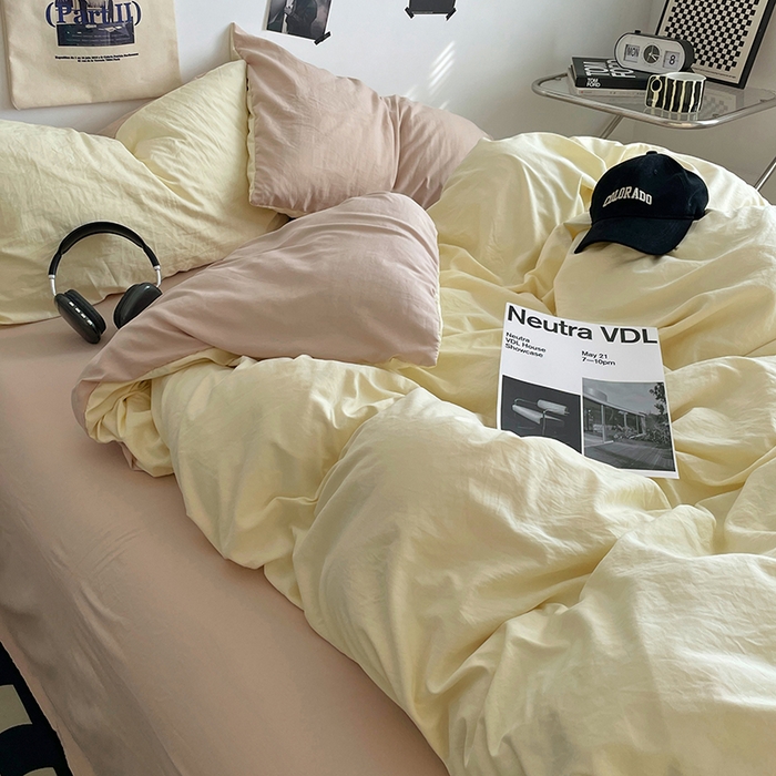 91家纺网 家纺一手货源 找家纺 思诺羽床笠 2025新款高克重微皱双拼水洗棉四件套 芝士奶咖