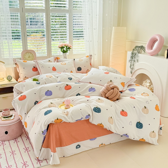 91家纺网 家纺一手货源 找家纺 洺兰家居 2025年新款全棉A类全喷气印花小清新床单床裙款四件套学生三件套 南瓜派