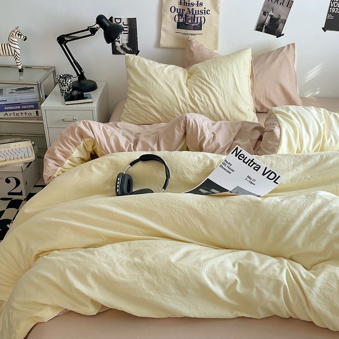 91家纺网 家纺一手货源 找家纺 思诺羽床笠 2025新款高克重微皱双拼水洗棉四件套 芝士奶咖