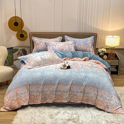 91家纺网 家纺一手货源 找家纺 金喜 2024新款230克AB版雕花牛奶绒加厚四件套-雅风 雅风-花朵蓝