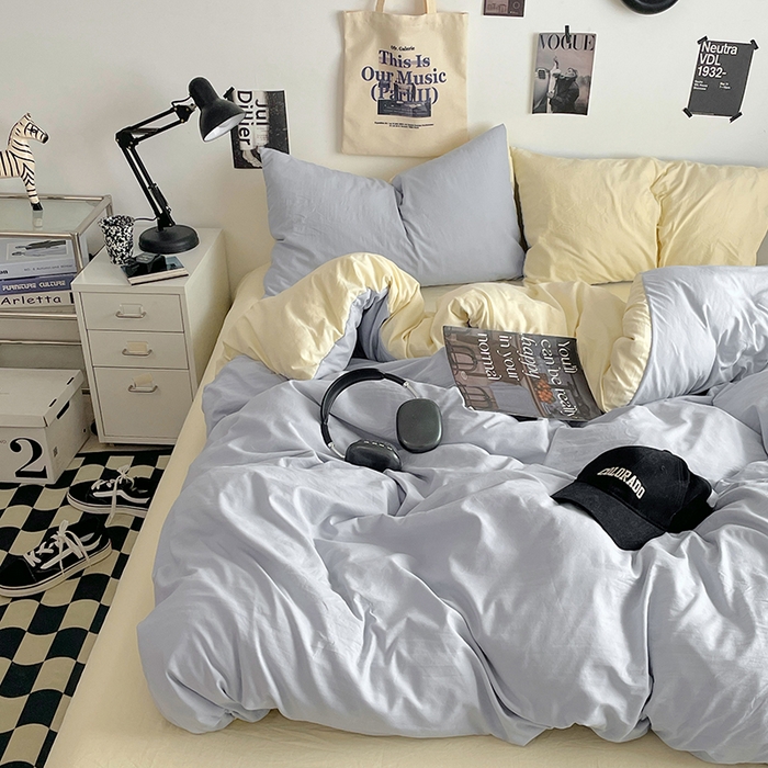 91家纺网 家纺一手货源 找家纺 思诺羽床笠 2025新款高克重微皱双拼水洗棉四件套 奶蓝芝士