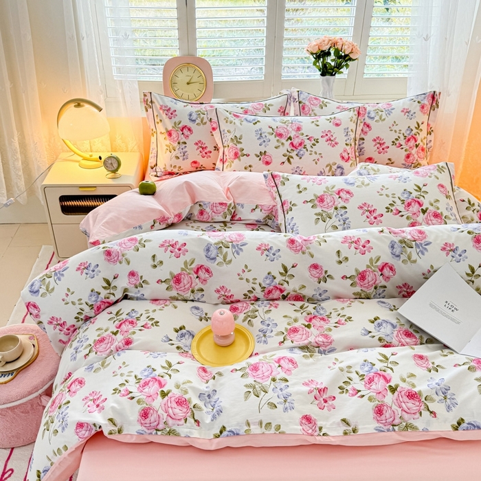 91家纺网 家纺一手货源 找家纺 洺兰家居 2025年新款全棉A类全喷气印花小清新床单床裙款四件套学生三件套 花季