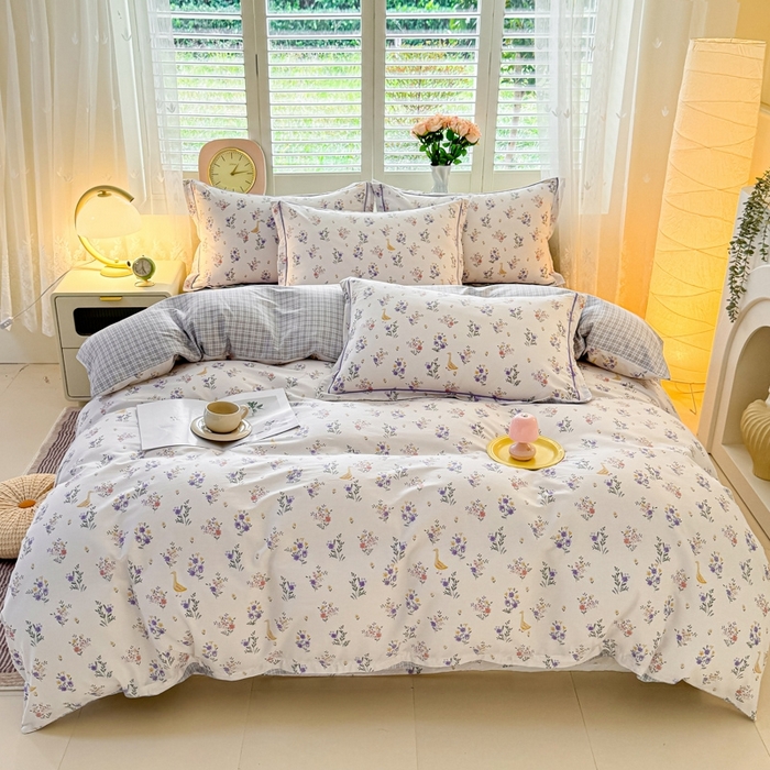 91家纺网 家纺一手货源 找家纺 洺兰家居 2025年新款全棉A类全喷气印花小清新床单床裙款四件套学生三件套 阑珊