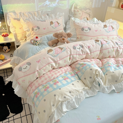 91家纺网 家纺一手货源 找家纺 （总）六巷胡同 2025新款40支12868韩式INS减龄花边款全棉卡通四件套