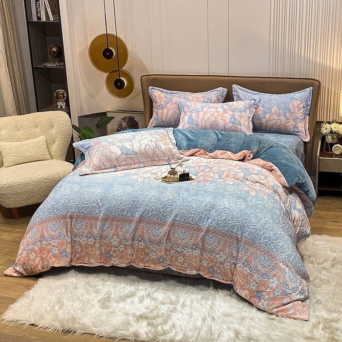 91家纺网 家纺一手货源 找家纺 金喜 2024新款230克AB版雕花牛奶绒加厚四件套-雅风 雅风-花朵蓝