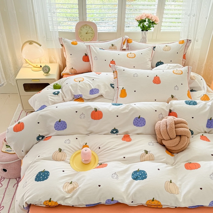 91家纺网 家纺一手货源 找家纺 洺兰家居 2025年新款全棉A类全喷气印花小清新床单床裙款四件套学生三件套 南瓜派