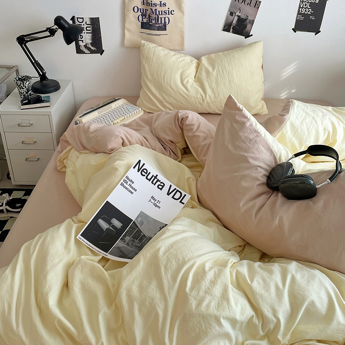 91家纺网 家纺一手货源 找家纺 思诺羽床笠 2025新款高克重微皱双拼水洗棉四件套 芝士奶咖