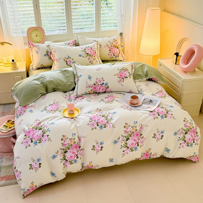 91家纺网 家纺一手货源 找家纺 洺兰家居 2025年新款全棉A类全喷气印花小清新床单床裙款四件套学生三件套 锦绣