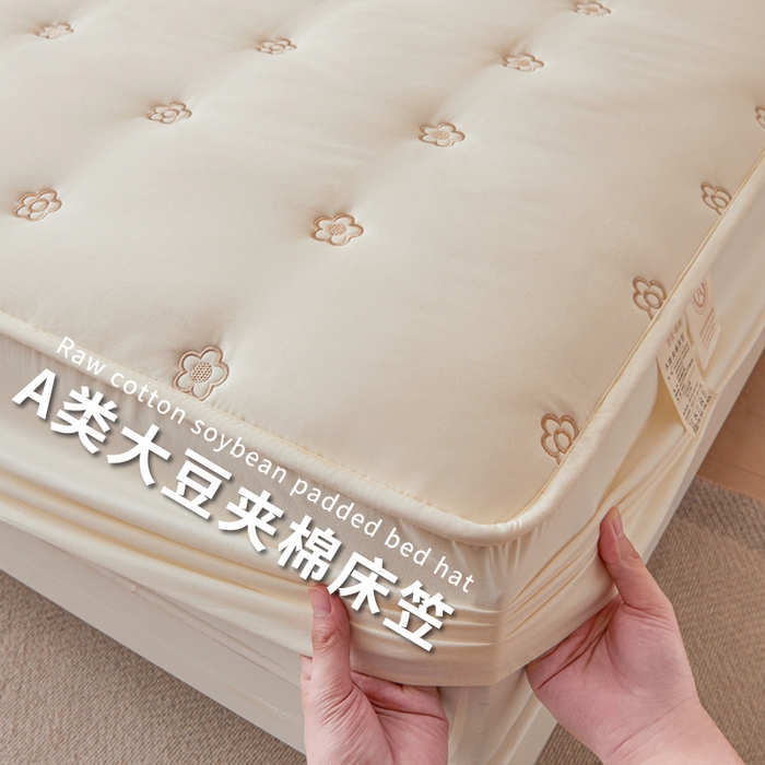 91家纺网 家纺一手货源 找家纺 笠客家纺 2024新款A类母婴级夹棉床笠单件席梦思床垫保护套防滑固定蝴蝶结床罩（买家秀联系我） 花圆米白