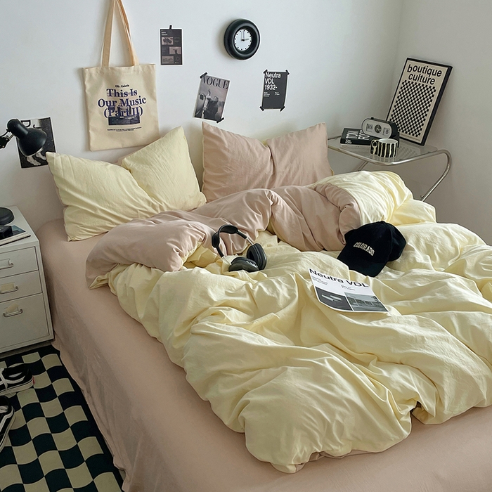 91家纺网 家纺一手货源 找家纺 思诺羽床笠 2025新款高克重微皱双拼水洗棉四件套 芝士奶咖