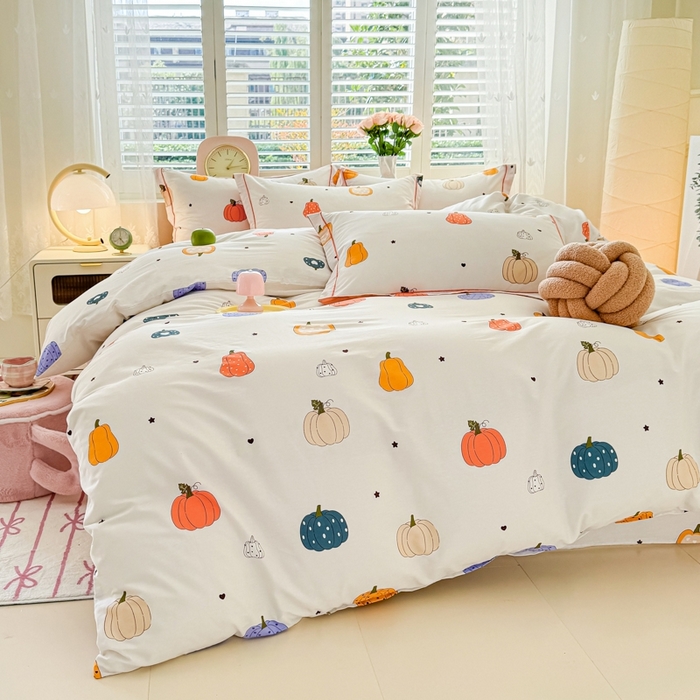 91家纺网 家纺一手货源 找家纺 洺兰家居 2025年新款全棉A类全喷气印花小清新床单床裙款四件套学生三件套 南瓜派