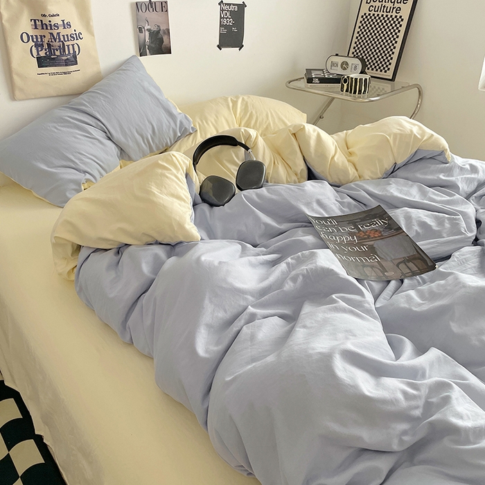 91家纺网 家纺一手货源 找家纺 思诺羽床笠 2025新款高克重微皱双拼水洗棉四件套 奶蓝芝士