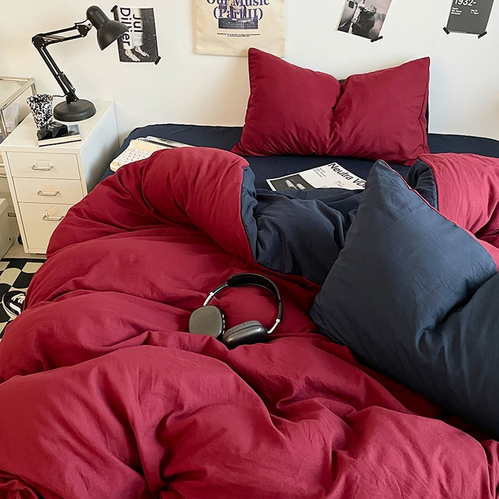 91家纺网 家纺一手货源 找家纺 思诺羽床笠 2025新款高克重微皱双拼水洗棉四件套 安哥拉红+星空蓝