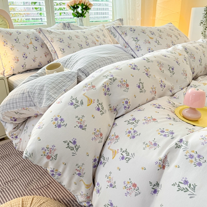 91家纺网 家纺一手货源 找家纺 洺兰家居 2025年新款全棉A类全喷气印花小清新床单床裙款四件套学生三件套 阑珊