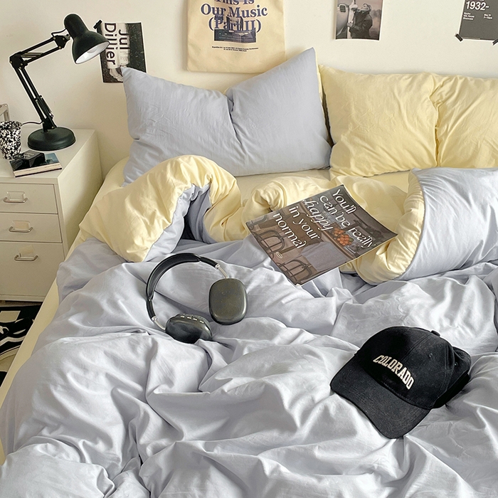 91家纺网 家纺一手货源 找家纺 思诺羽床笠 2025新款高克重微皱双拼水洗棉四件套 奶蓝芝士