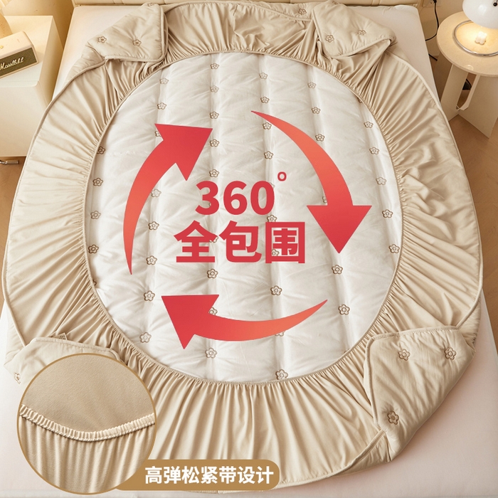 91家纺网 家纺一手货源 找家纺 笠客家纺 2024新款A类母婴级夹棉床笠单件席梦思床垫保护套防滑固定蝴蝶结床罩（买家秀联系我） 花圆浅咖