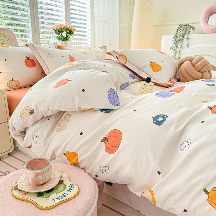 91家纺网 家纺一手货源 找家纺 洺兰家居 2025年新款全棉A类全喷气印花小清新床单床裙款四件套学生三件套 南瓜派