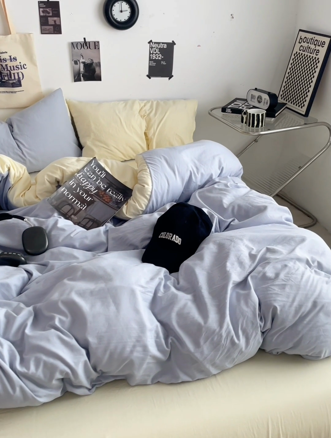 91家纺网 家纺一手货源 找家纺 思诺羽床笠 2025新款高克重微皱双拼水洗棉四件套 奶蓝芝士