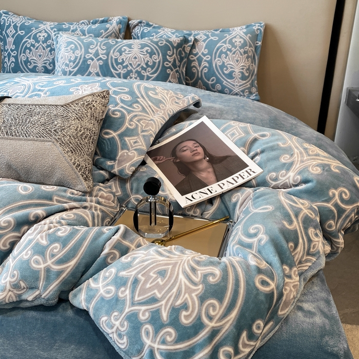 91家纺网 家纺一手货源 找家纺 金喜 2024新款230克AB版雕花牛奶绒加厚四件套-雅风 雅风-欧典派对