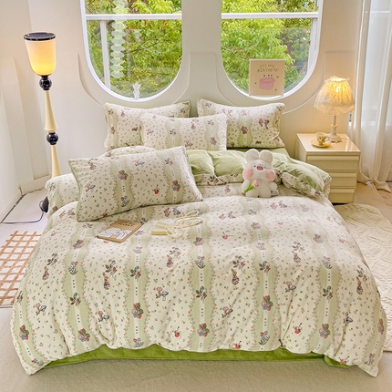 玉海棠家纺 2024新款6.5斤牛奶绒四件套 花开花兔绿