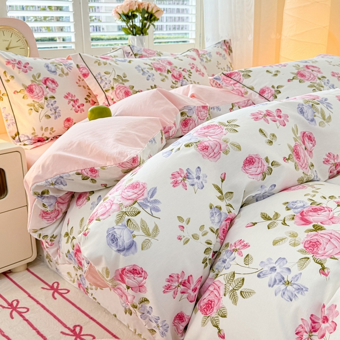 91家纺网 家纺一手货源 找家纺 洺兰家居 2025年新款全棉A类全喷气印花小清新床单床裙款四件套学生三件套 花季