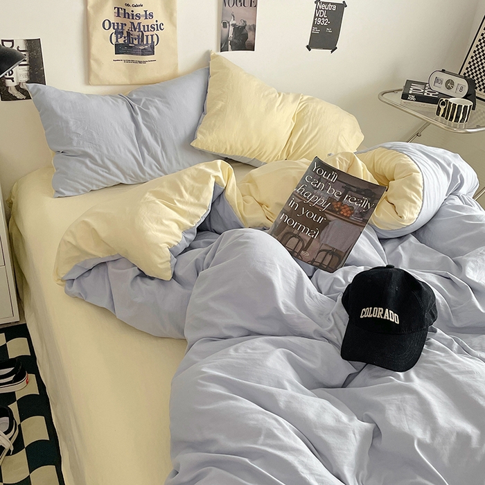 91家纺网 家纺一手货源 找家纺 思诺羽床笠 2025新款高克重微皱双拼水洗棉四件套 奶蓝芝士