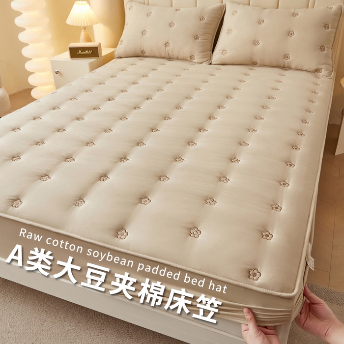 91家纺网 家纺一手货源 找家纺 笠客家纺 2024新款A类母婴级夹棉床笠单件席梦思床垫保护套防滑固定蝴蝶结床罩（买家秀联系我） 花圆浅咖