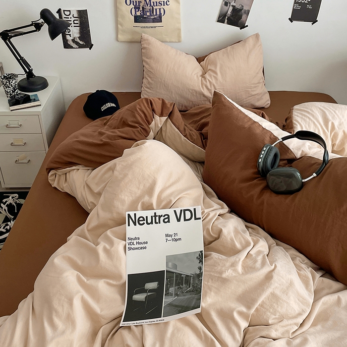 91家纺网 家纺一手货源 找家纺 思诺羽床笠 2025新款高克重微皱双拼水洗棉四件套 美拉德-咖棕