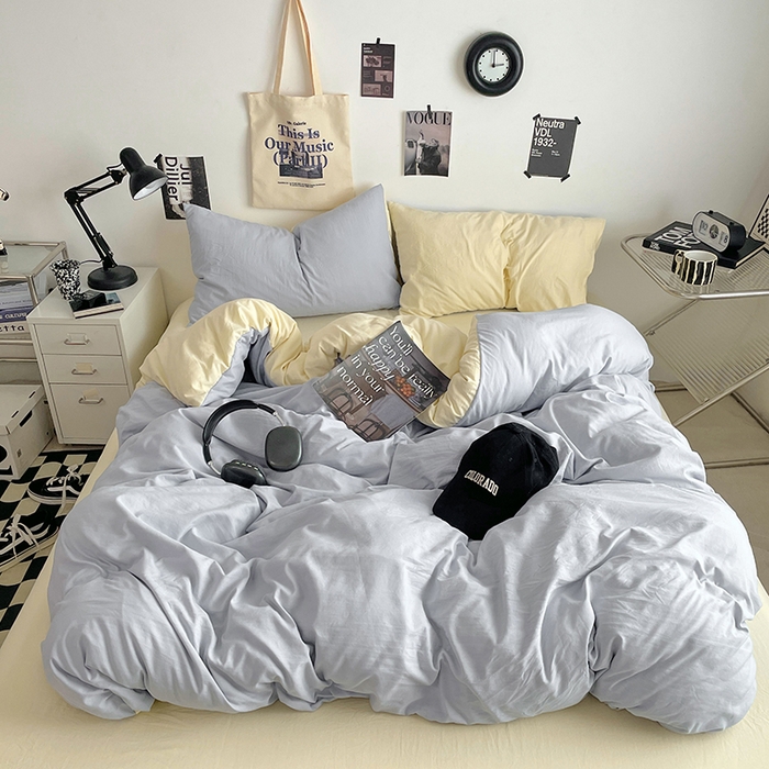 91家纺网 家纺一手货源 找家纺 思诺羽床笠 2025新款高克重微皱双拼水洗棉四件套 奶蓝芝士