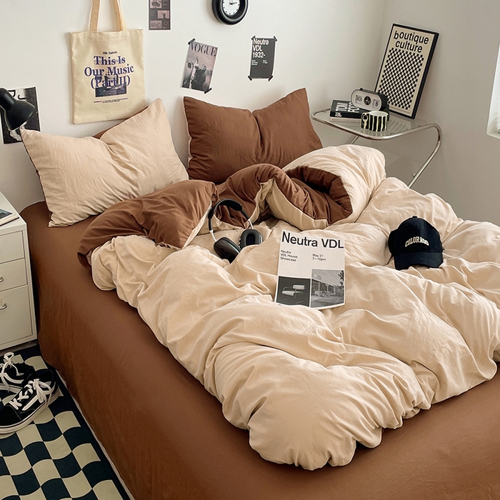 91家纺网 家纺一手货源 找家纺 思诺羽床笠 2025新款高克重微皱双拼水洗棉四件套 美拉德-咖棕