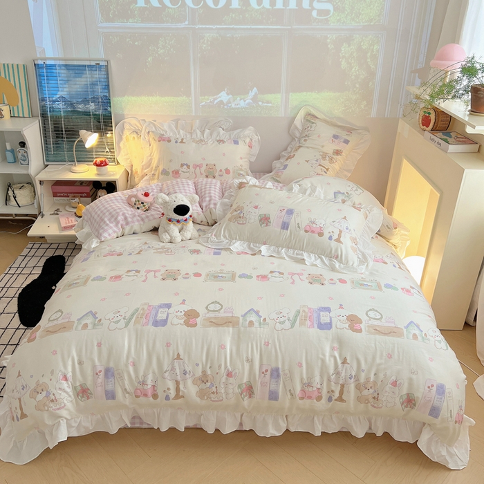 91家纺网 家纺一手货源 找家纺 （总）六巷胡同 2025新款40支12868韩式INS减龄花边款全棉卡通四件套