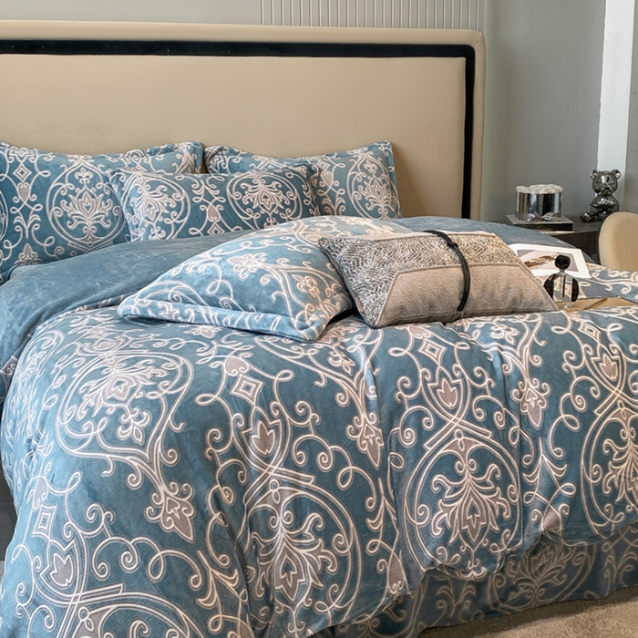 91家纺网 家纺一手货源 找家纺 金喜 2024新款230克AB版雕花牛奶绒加厚四件套-雅风 雅风-欧典派对