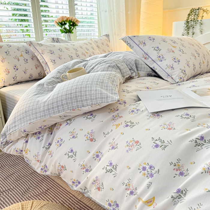 91家纺网 家纺一手货源 找家纺 洺兰家居 2025年新款全棉A类全喷气印花小清新床单床裙款四件套学生三件套 阑珊