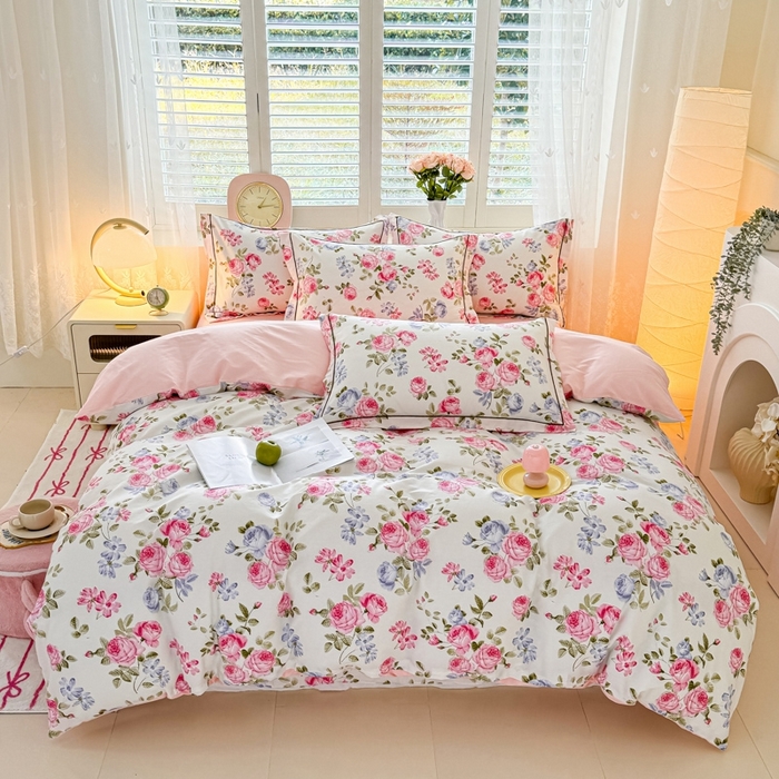 91家纺网 家纺一手货源 找家纺 洺兰家居 2025年新款全棉A类全喷气印花小清新床单床裙款四件套学生三件套 花季