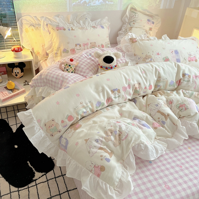 91家纺网 家纺一手货源 找家纺 （总）六巷胡同 2025新款40支12868韩式INS减龄花边款全棉卡通四件套